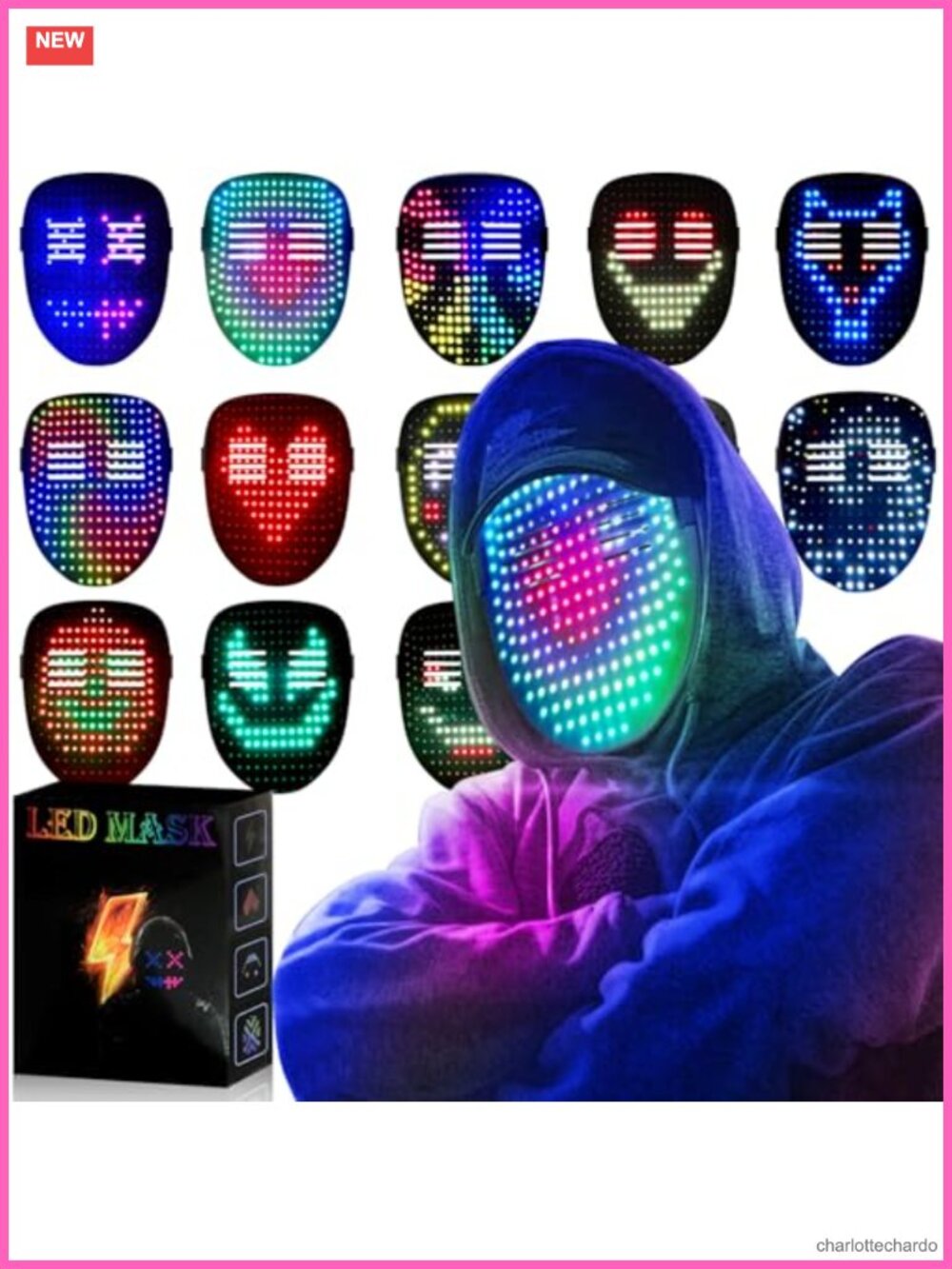 LED Light Up Mask Gesture Sensing 50 Face Changing Patterns Cosplay Costume